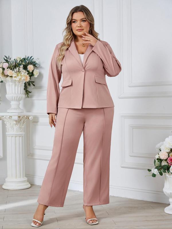  Solid Two-piece Set, Elegant Lapel Neck Button Front Blazer & Straight Leg Pants, Women's Spring & Fall Clothes for Work Office Business, Trendy Outfits 2024, 2 Piece Sets Women, Fall Clothing Women, Plus Size Clothes for Women