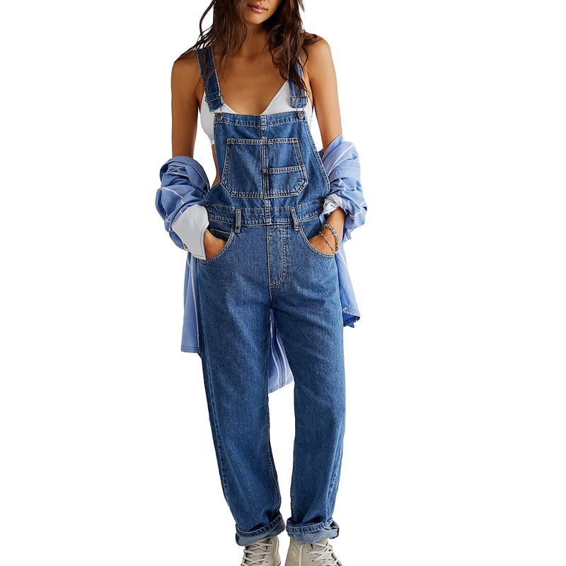 Women Denim Long Jumpsuit Casual Spaghetti Strap Wide Leg Romper Pants Summer Baggy Bib Overalls Womenswear Mum