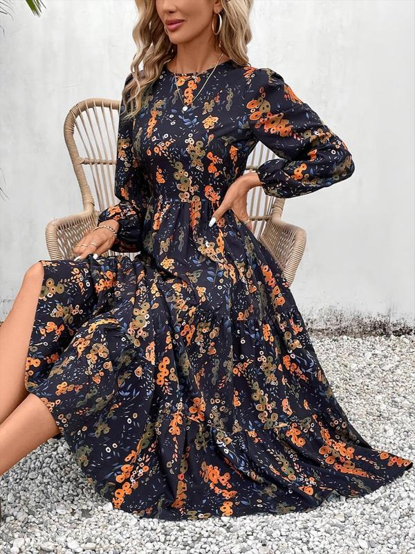 Women's Floral Print Ruffle Hem A Line Dress, Elegant Bishop Sleeve Round Neck Long Dress for Spring & Fall, Fall Dresses, Women's Clothing for Daily Wear