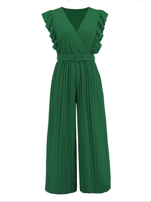 Women's Plain Ruffle Trim Pleated Belted Wide Leg Jumpsuit, Elegant V Neck Butterfly Sleeve Jumpsuit for Summer, Ladies Clothes for Daily Wear