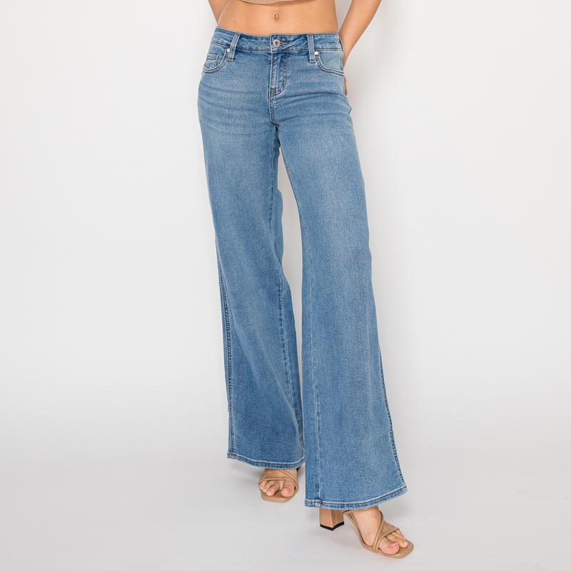 Free Junns Womenswear Wide Leg Jeans, Mid Rise, Medium Wash, Baggy Fit, Stretchy Denim, Hand Sanding, Whisker, Casual Chic (JEL2403-2A-MEDIUM)