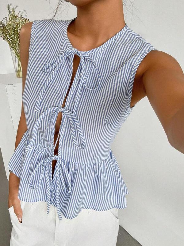 Women's Striped Print Tie Front Peplum Hem Blouse, Casual Sleeveless Tie Neck Top for Daily Wear, Going Out Tops, Graphic Shirts, Ladies 90s Clothes for All Seasons, 90s Clothes