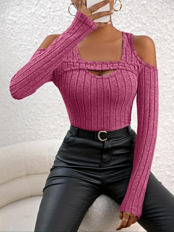 Women's Plain Cut Out Cold Shoulder Ribbed Tee, Casual Long Sleeve T-shirt for Spring & Fall, Women's Clothing for Daily Wear