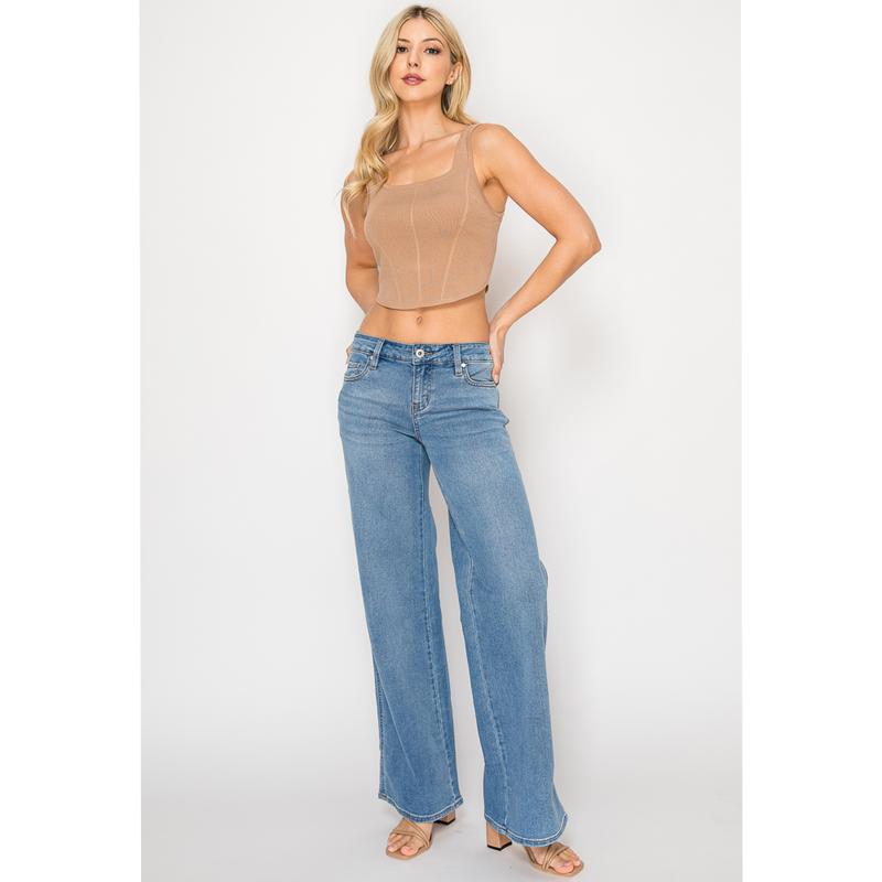 Free Junns Womenswear Wide Leg Jeans, Mid Rise, Medium Wash, Baggy Fit, Stretchy Denim, Hand Sanding, Whisker, Casual Chic (JEL2403-2A-MEDIUM)