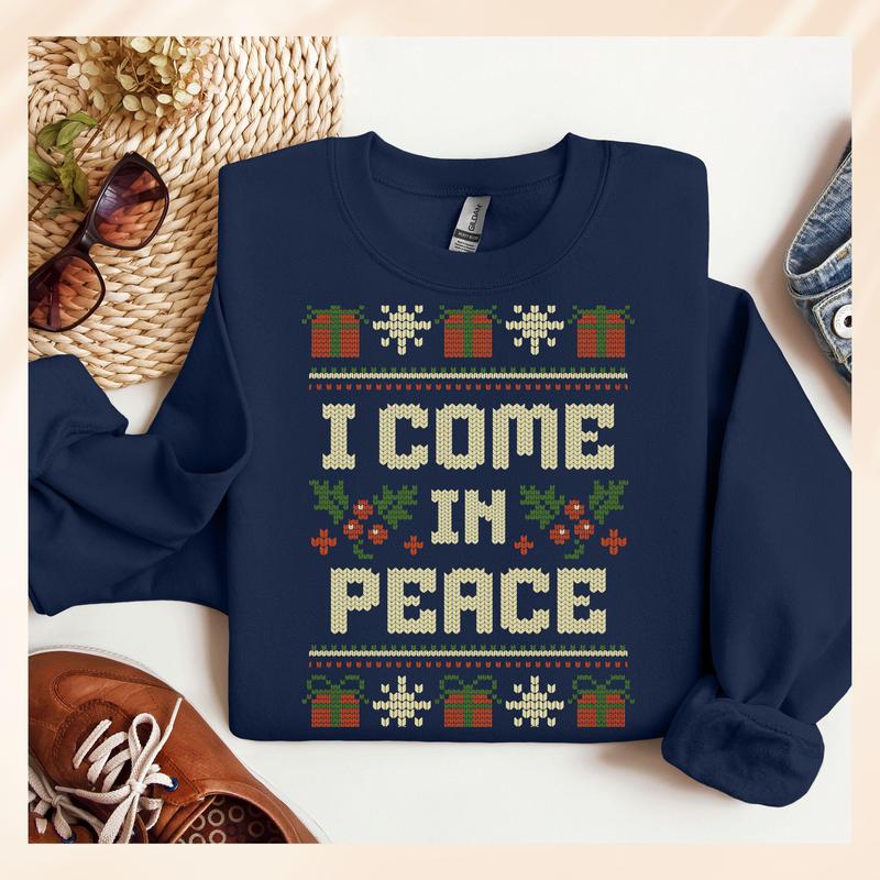 I Come In Peace Ugly Christmas Sweatshirt, Matching Couple Christmas Crewneck, Girlfriend Gift, Unisex Casual Cotton Tops Womenswear Clothing