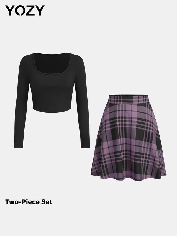 YOZY Black Friday Deals, Plain Crop Top & Plaid Print Flared Skirt Set, Elegant Fashion Casual Square Neck Long Sleeve Top & High Waist Skirt, Women's Fall Outfits for Daily Wear, Christmas 2024 Trend, Thanksgiving Outfits, Fall Outfits, Winter Outfits