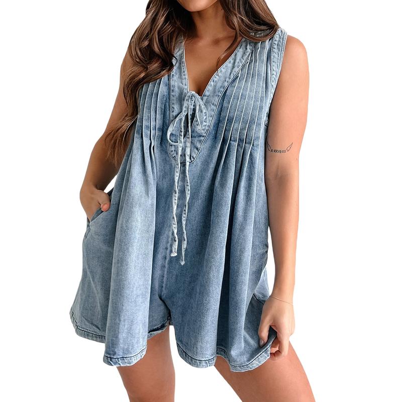 Women's Demin Tank Top Jumpsuit Loose Pleated Tie Front V Neck Sleeveless Shorts Romper with Pockets for Summer