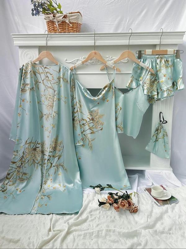 @ShopwithJulie Collection 5 Counts Floral Print Five-piece Set, Draped Dress & Ruffle Shorts & Cami Top & Long Sleeve Belted Robe & Bag, Casual Comfy Loungewear Set, Women's Clothing, Lounge Sets, Fall Wear, Fallfreshness