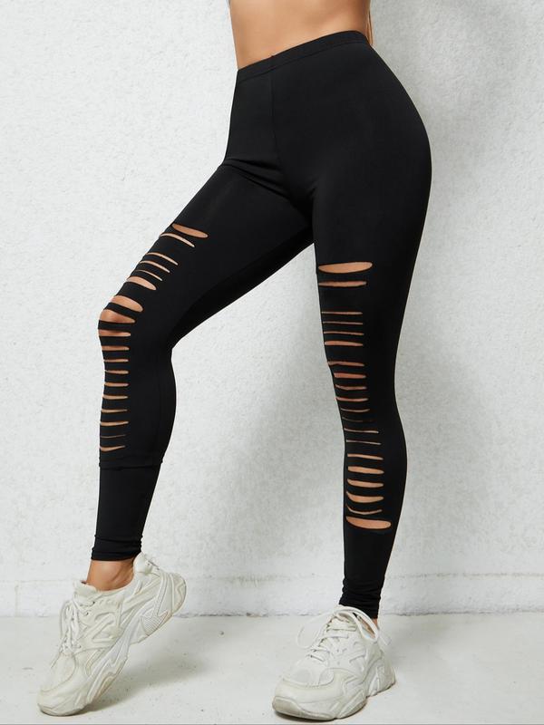 Women's Ripped High Waist Leggings, Casual Streetwear Leggings Outfit, Lady Comfy Pants, High Stretch Skinny Pants, Women Bottoms