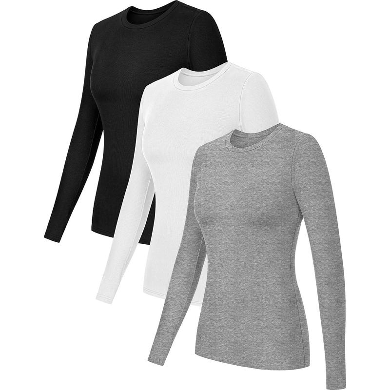 3 Pack Women's Long Sleeve Shirts Ribbed Fitted Tops Thermal Undershirt Tops Layer Round Neck underscrubs Basic tee