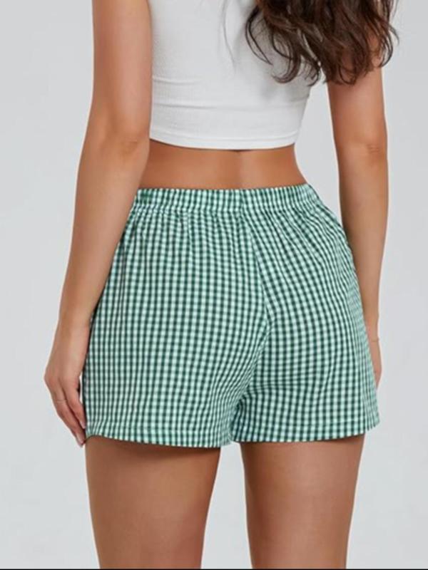 Women's Plaid Print Patched Decor Button Front Elastic Waist Shorts, Casual Comfy Straight Leg Shorts for Summer, Ladies Back To School Bottoms for Daily Wear, Shorts for Women, Downtown Girl Clothes  Preppy 80s Clothes