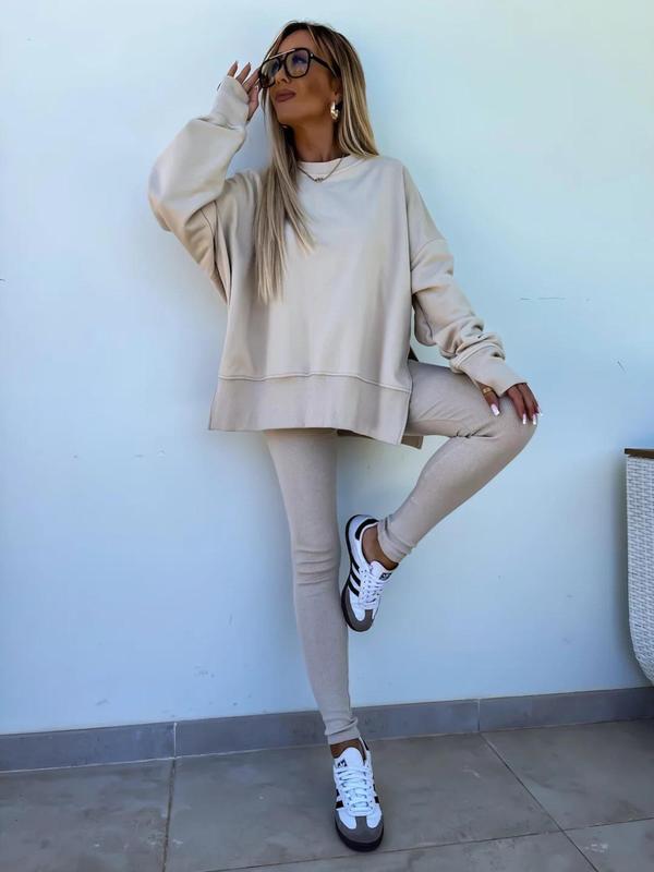 Women's Solid Drop Shoulder Sweatshirt & Skinny Pants Two-piece Set, Casual Fashion Cozy Round Neck Long Sleeve Pullover & Trousers for Daily Outdoor Wear, Women's Clothing for Spring & Fall