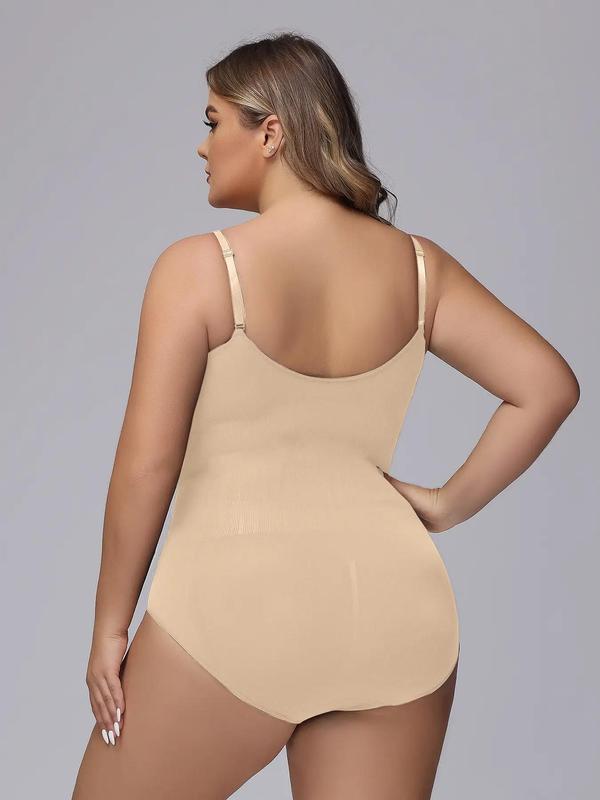 Plus Size Plain Adjustable Strap Shapewear Bodysuit, Casual Comfy Sleeveless Tummy Control Bodysuit, Women's Shapewear Clothing for All Seasons