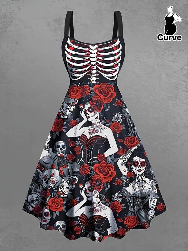  All Over Skull Rose Print Backless Dress, Halloween Dress, Boho Sleeveless A Line Dress for Party Holiday Vacation, Women's Clothes for All Seasons Dark Feminine Halloween Costumes