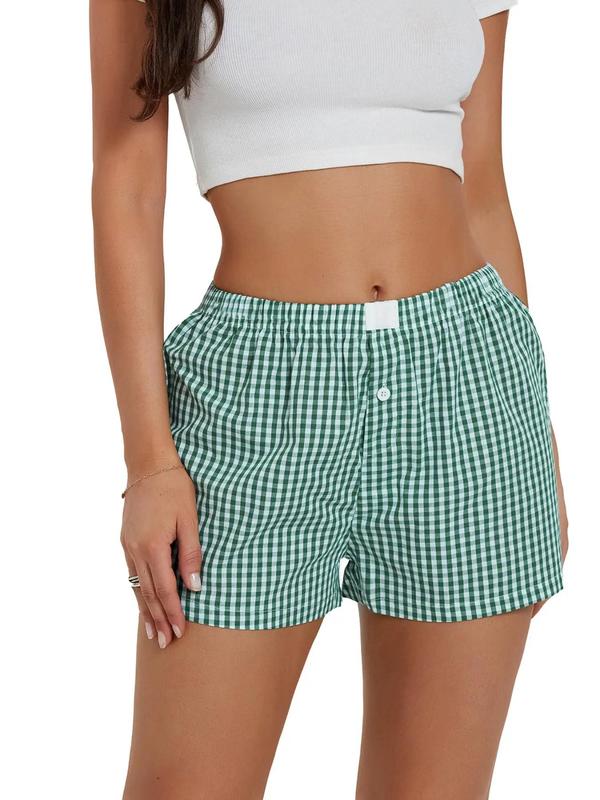 Women's Plaid Print Patched Decor Button Front Elastic Waist Shorts, Casual Comfy Straight Leg Shorts for Summer, Ladies Back To School Bottoms for Daily Wear, Shorts for Women, Downtown Girl Clothes  Preppy 80s Clothes