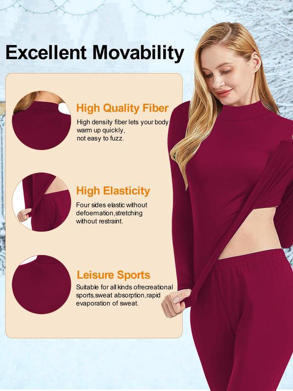  Solid Thermal Lined Mock Neck T-shirt, Casual Long Sleeve Crew Neck Top for Fall & Winter, Women's Clothing for Daily Wear