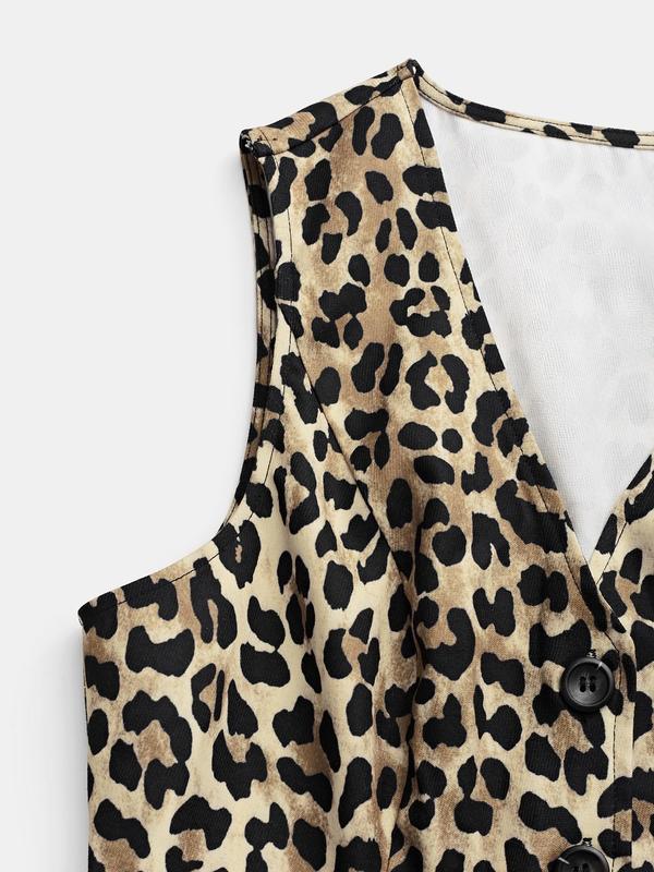 YOZY Women's Leopard Print Button Front V Neck Tank Top, Casual Sleeveless Top for Daily Wear, Ladies Clothes for All Seasons