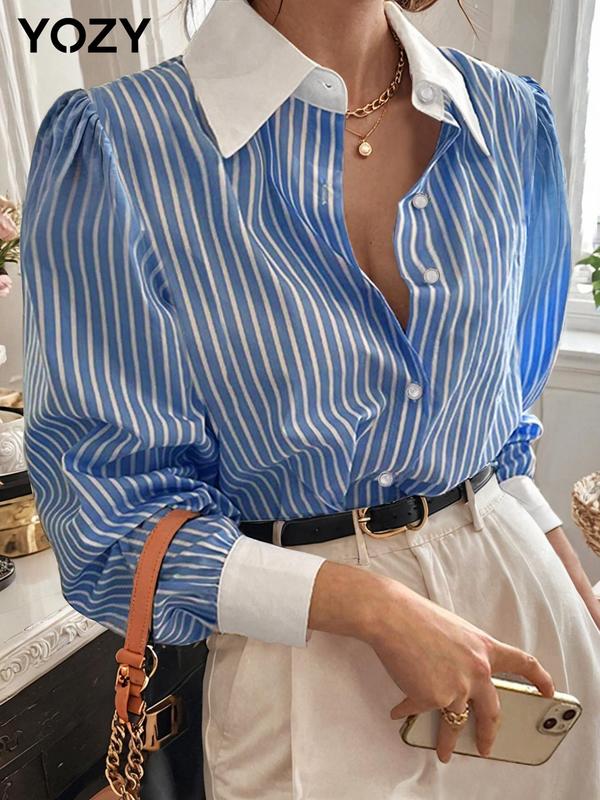 YOZY Women's Striped Print Button Front Shirt, Casual Bishop Sleeve Collared Top for Spring & Fall, Women's Clothes for Daily Wear