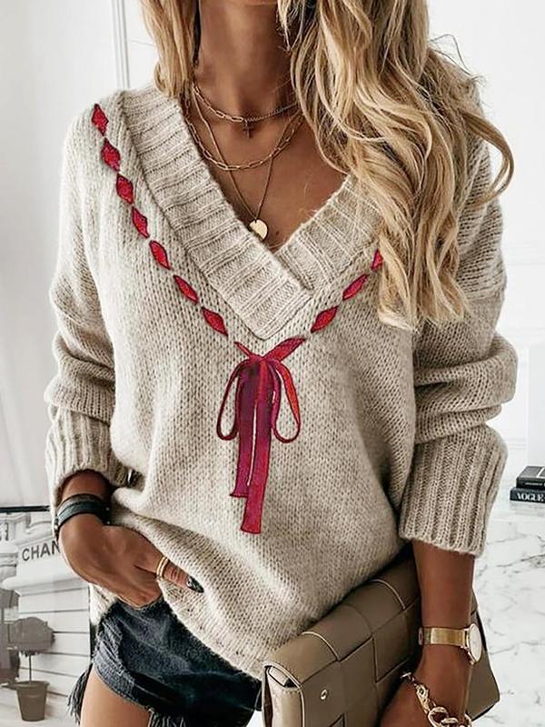 Women's Bow Decor Drop Shoulder Sweater, Casual Long Sleeve V Neck Jumper for Spring & Fall, Fashion Women's Knitwear for Daily Wear