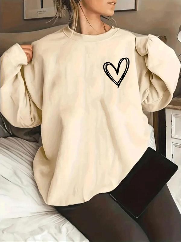  Heart Print Drop Shoulder Sweatshirt, Casual Long Sleeve Round Neck Pullover for Spring & Fall, Women's Plus Size Clothing for Daily Wear