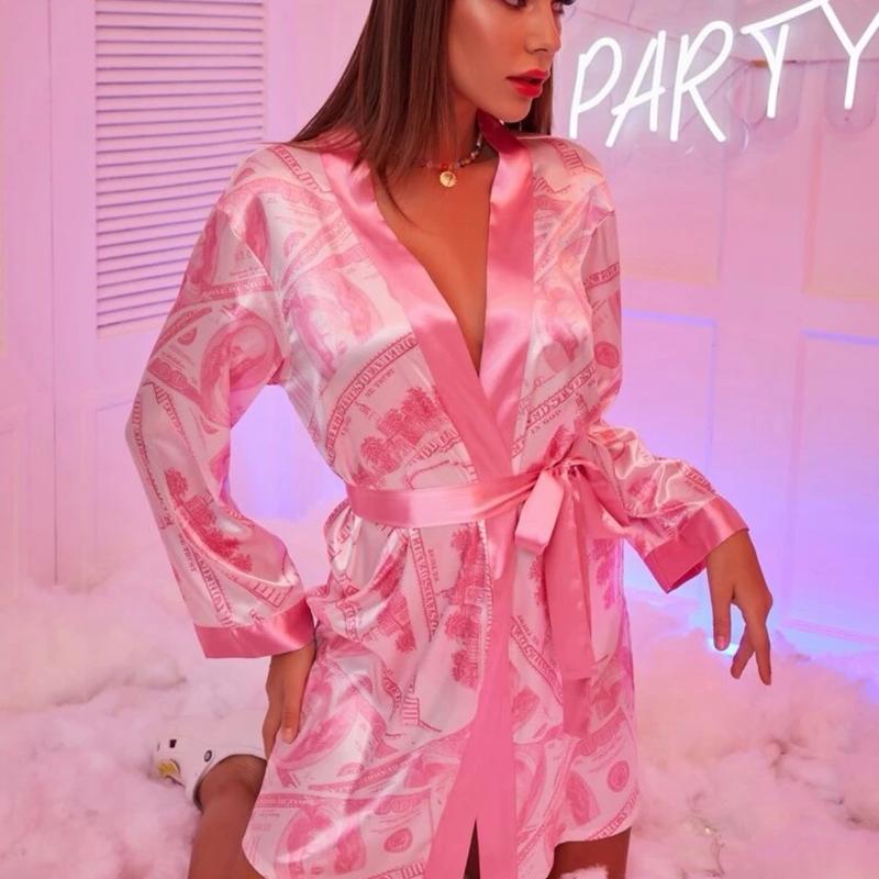 Women's Money Printed Satin Robe - Perfect for a Night at the Roxbury house