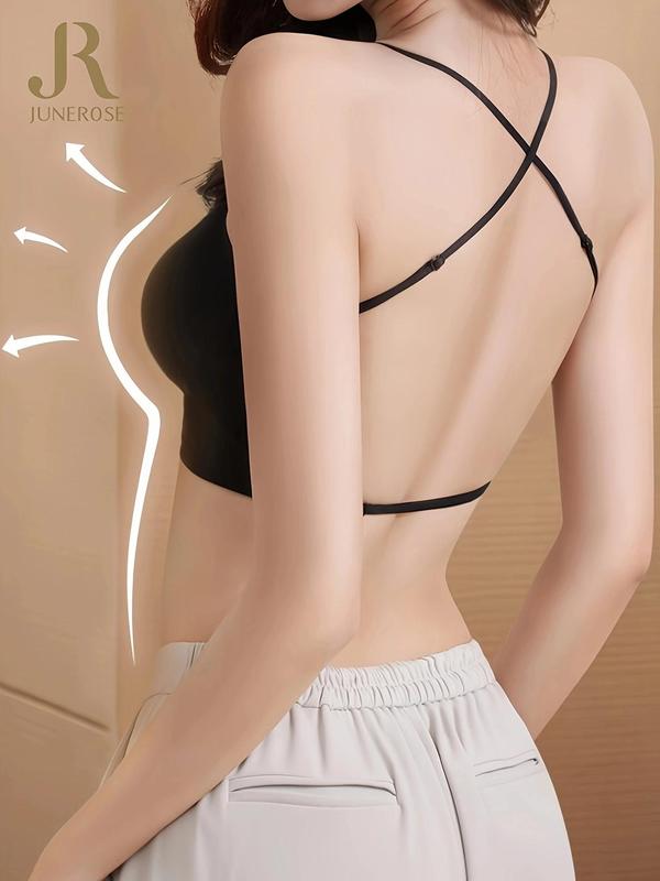 Women's Criss Cross Backless Bra, Soft Comfort Breathable Solid Wireless Bra for Daily Wear, Lingerie for All Seasons