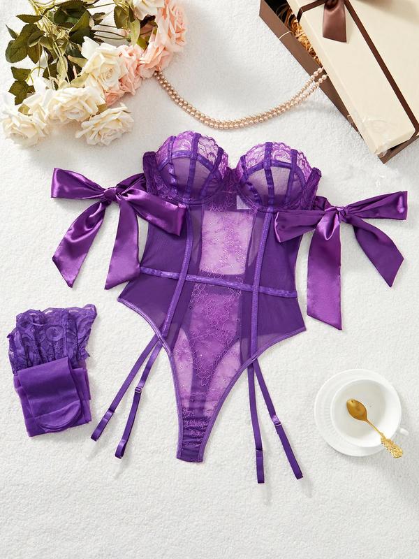 Women's Sexy Lace Lingerie Set, Romantic Solid Color Teddy Bodysuit Lingerie & Stockings Set, Women's Lingerie & Underwear for All Seasons