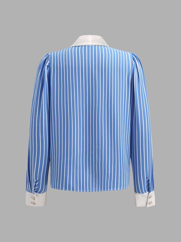 YOZY Women's Striped Print Button Front Shirt, Casual Bishop Sleeve Collared Top for Spring & Fall, Women's Clothes for Daily Wear