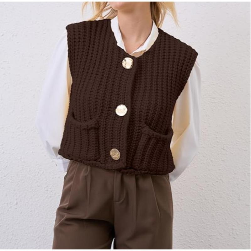 Women's Plain Button-Up Front Pocket Sleeveless Cardigan Top Stylish Cardigan Casual Crewneck Sweater Vest Stylish Women'S Knitwear Vintage Clothes Preppy Clothes