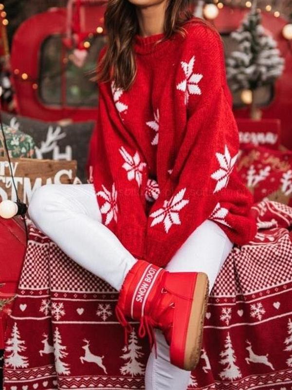 Women's Christmas Snowflake Print Drop Shoulder Sweater, Casual Long Sleeve Round Neck Jumper for Fall & Winter, Ladies' Knitwear for Daily Wear