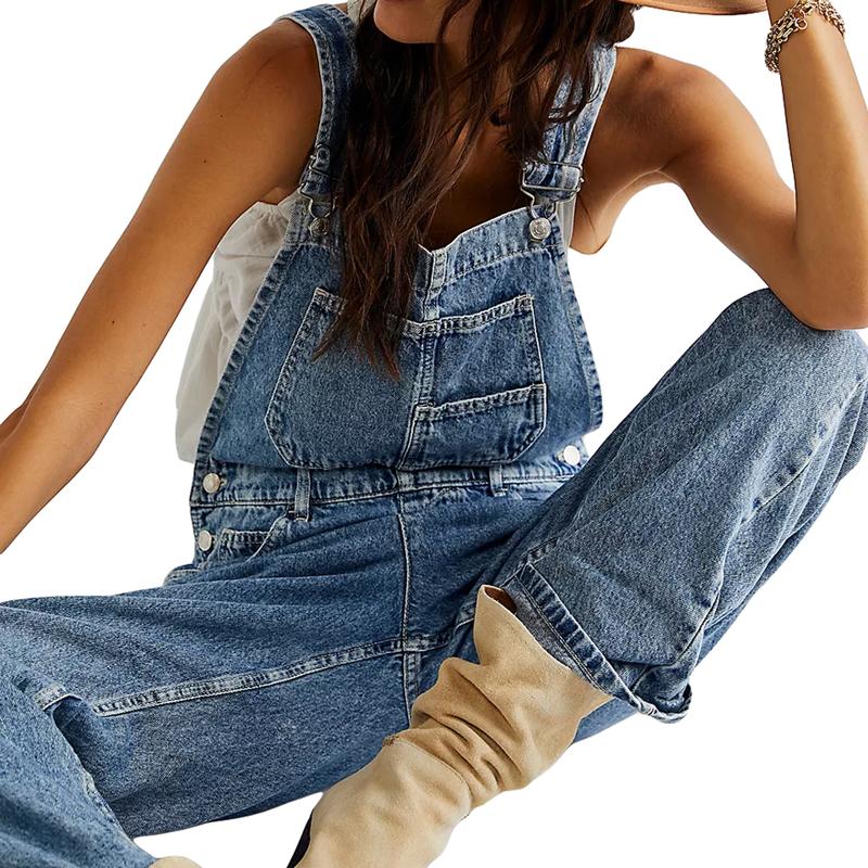 Women Denim Long Jumpsuit Casual Spaghetti Strap Wide Leg Romper Pants Summer Baggy Bib Overalls Womenswear Mum