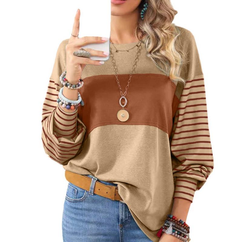 Women Striped Long Sleeve Fall Winter Tops Crew Neck Casual Color Block Blouses Shirts Womenswear