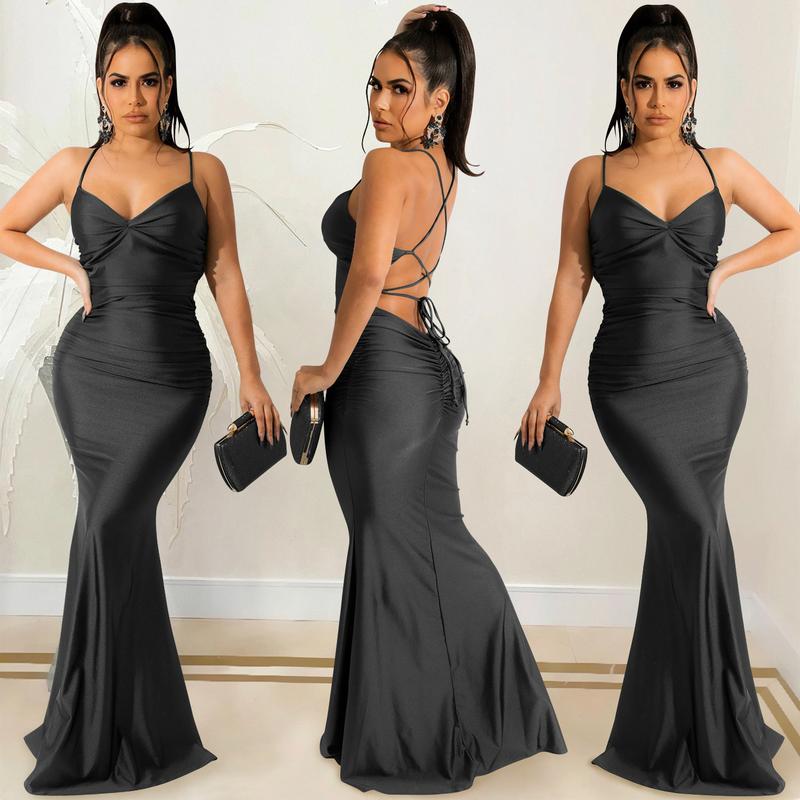 Echoine Satin Lace Up Criss-cross Backless Bodycon Gown Dress Slim Fit V-Neck Formal Cocktail Ruched Cami Dress Maxi Chic Evening Spaghetti Straps Stretchy Satin Elegant Maxi formal Sexy Comfort Sleeveless Womenswear Formal Wear Festival wedding dress