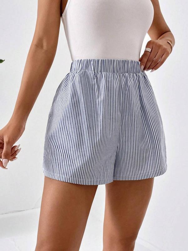 Striped Print Elastic Waist Straight Leg Shorts for Women, Casual High Waist Comfy Shorts for Summer, Back To School Comfort Womenswear, Lady Fitted Bottoms for Daily Wear