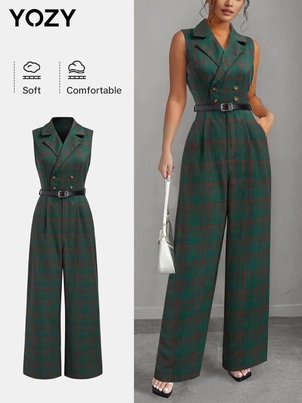 YOZY Women's Plaid Print Double Button Belted Wide Leg Jumpsuit, Casual Lapel Sleeveless Pocket Jumpsuit for Daily Wear, Ladies Clothes for All Seasons