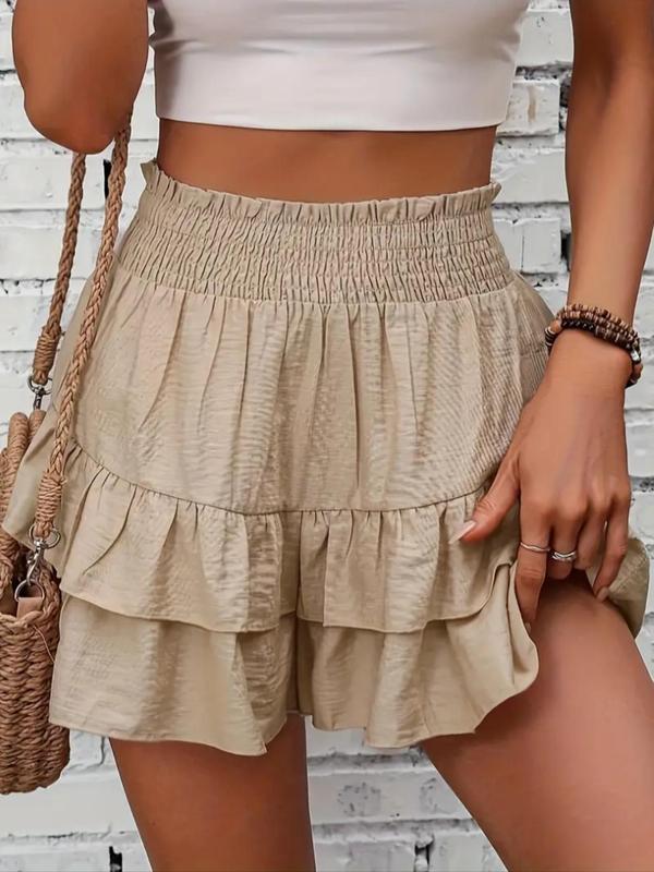 Women's Frill Trim Ruffle Hem Shirred High Waist Shorts, Boho Casual Tiered Layer Shorts for Fall, Ladies Bottoms for Daily Wear, Downtown Girl Clothes