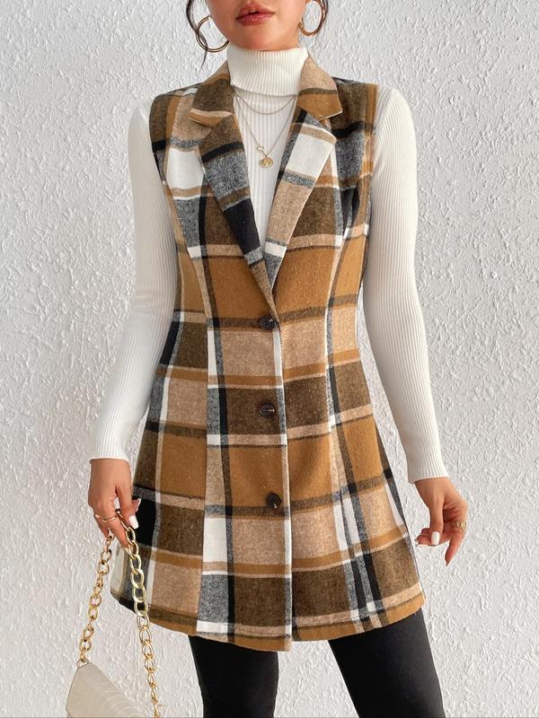 Women's Plaid Print Button Front Lapel Neck Waistcoat without Sweater, Casual Elegant Outerwear for Fall & Winter, Winter Coats, Women's Clothing for Daily Wear, Please Purchase A Size Up