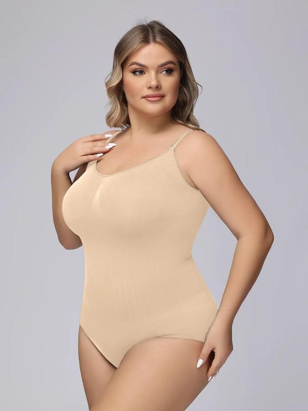 Plus Size Plain Adjustable Strap Shapewear Bodysuit, Casual Comfy Sleeveless Tummy Control Bodysuit, Women's Shapewear Clothing for All Seasons