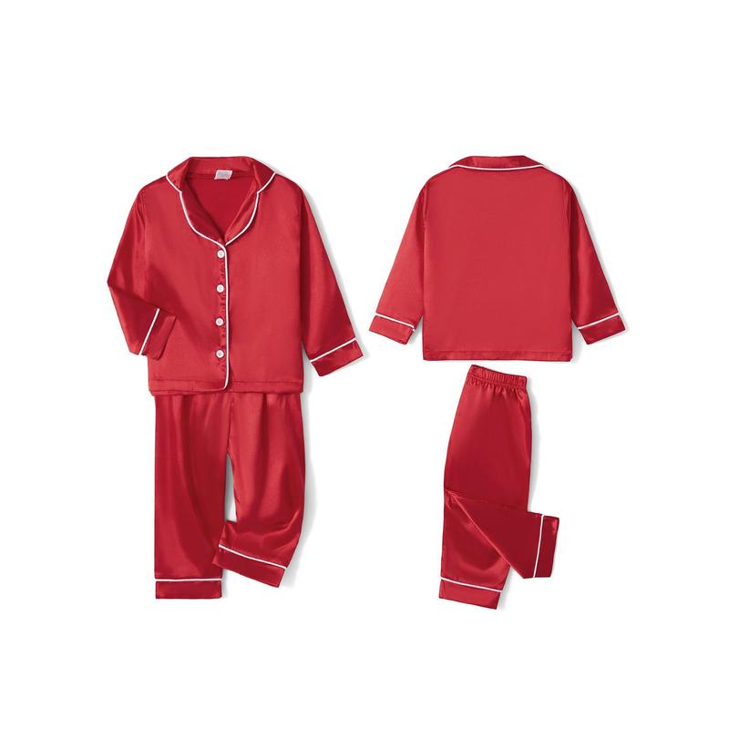 Red Family Matching Christmas Pajama Set, Solid Color Long Sleeve Button Down Tops Elastic Waist Pants for Fall Winter