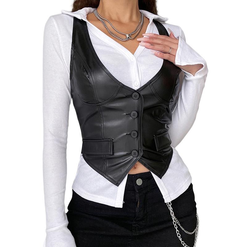 Y2K PU Leather Vest Vintage Aesthetic Women V Neck Sleeveless Button Tank Tops 2000s Dark Academia T-shirt Waistcoat