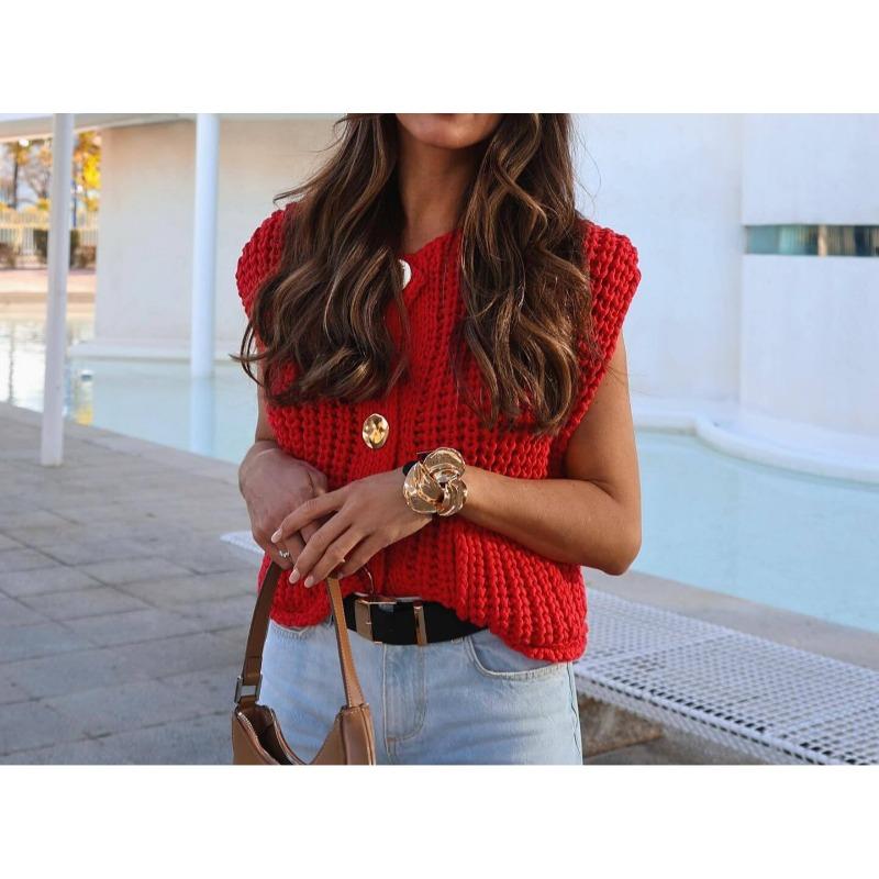 Women's Plain Button-Up Front Pocket Sleeveless Cardigan Top Stylish Cardigan Casual Crewneck Sweater Vest Stylish Women'S Knitwear Vintage Clothes Preppy Clothes