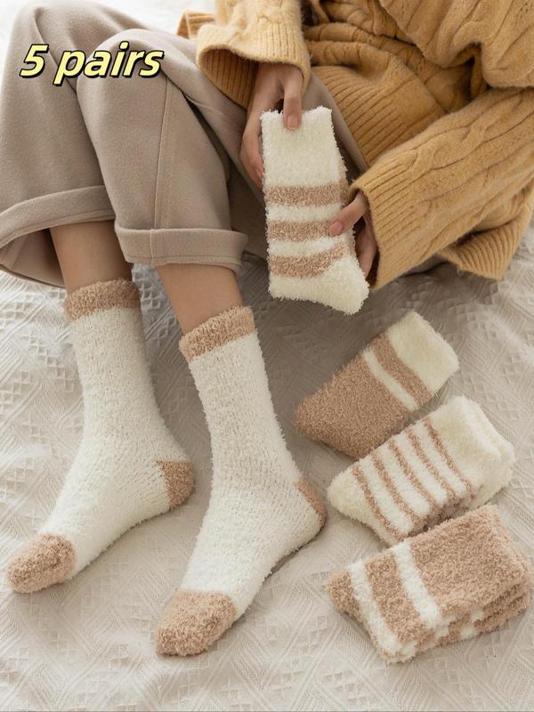 Women's Striped Print Fuzzy Socks, Casual Soft Comfy Warm Crew Socks for Fall & Winter, Women's Socks for Daily Wear