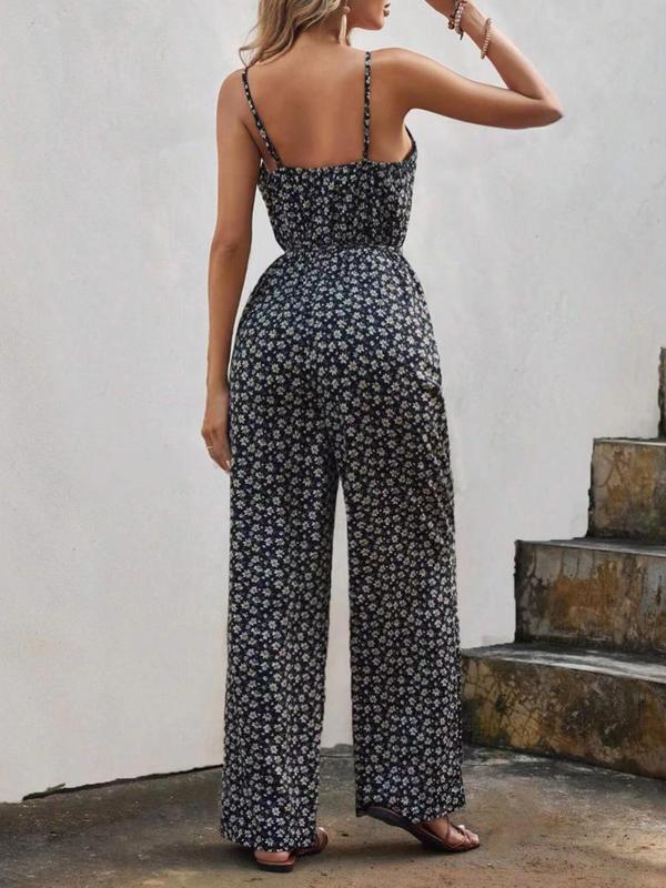 Women's Ditsy Floral Print Backless V Neck Vintage Cami Jumpsuit, Boho Fashion Sleeveless High Waist Straight Leg Jumpsuit for Daily Holiday Vacation Wear, Ladies Summer Clothes