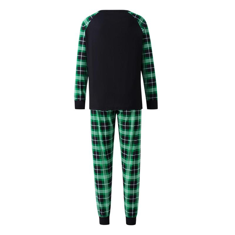 Black Green  Dinosaur Print Matching Christmas Pajamas For Family, Long Sleeve Dinosaur Print Raglan Tops + Plaid Pants Set