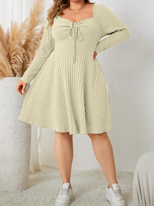  Solid Drawstring Sweetheart Neck A Line Dress, Fall Outfits, Fallfreshness Casual Long Sleeve Ribbed Dress for Fall , Women's Fall Clothes for Daily Wear, Fall Vintage Girly Clothes, Downtown Girl Clothes