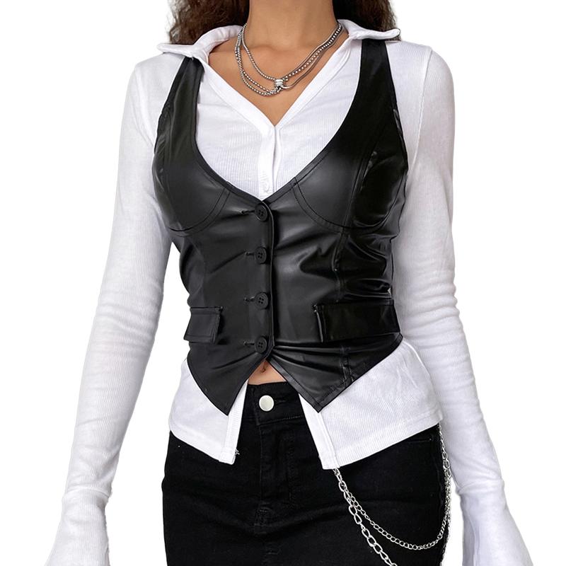 Y2K PU Leather Vest Vintage Aesthetic Women V Neck Sleeveless Button Tank Tops 2000s Dark Academia T-shirt Waistcoat