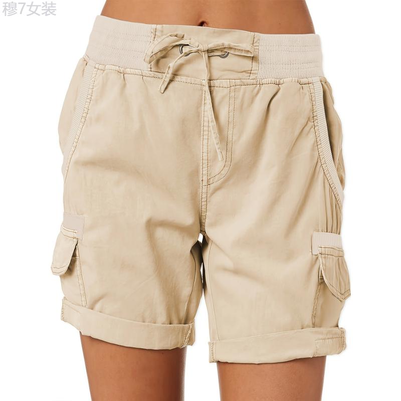 Drawstring Cargo Shorts, Casual High Waist Wide Leg Summer Shorts With Pockets, Women's Clothing Fabric Womenswear