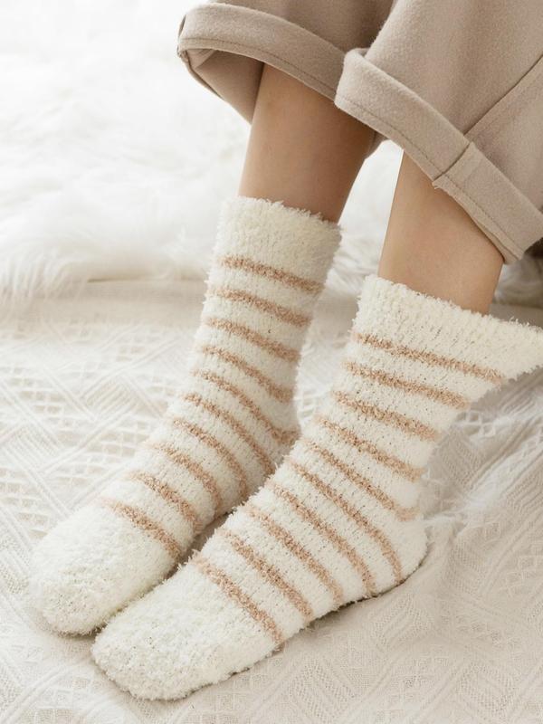 Women's Striped Print Fuzzy Socks, Casual Soft Comfy Warm Crew Socks for Fall & Winter, Women's Socks for Daily Wear