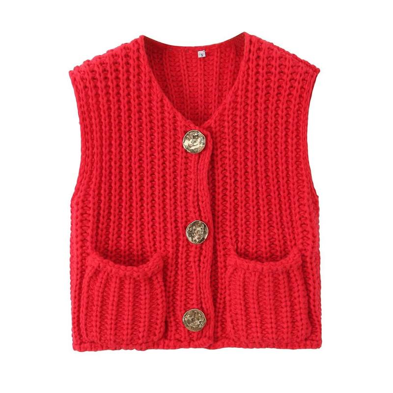 Women's Plain Button-Up Front Pocket Sleeveless Cardigan Top Stylish Cardigan Casual Crewneck Sweater Vest Stylish Women'S Knitwear Vintage Clothes Preppy Clothes