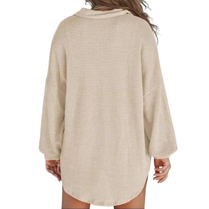 Women Waffle Knit Tops Henley Shirts Long Sleeve V Neck Solid Color Casual Tunic